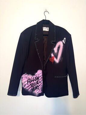 Weekday Black Blazer with Pink & Red Heart Graffiti